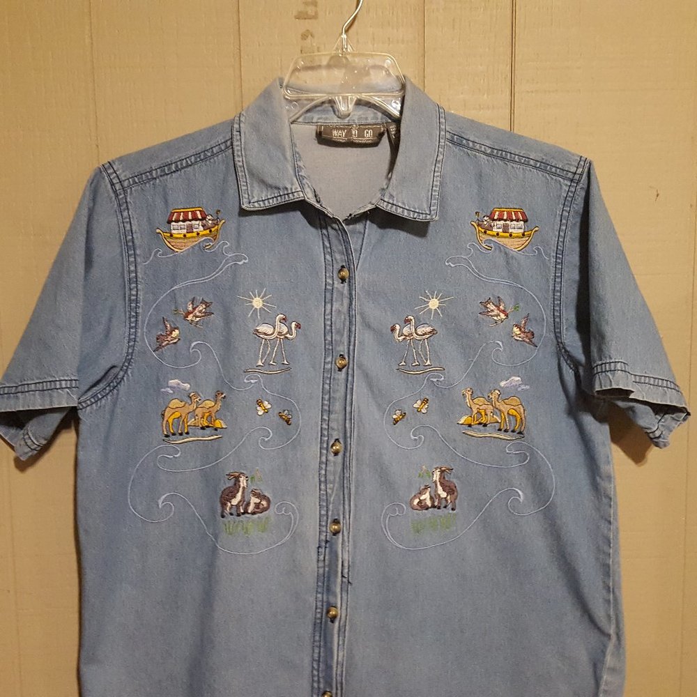 Vintage Denim Noah's Ark Button Down Shirt Large